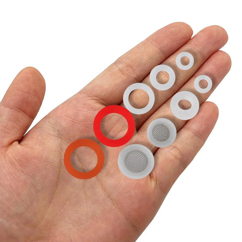 Hand holding 70 Piece Plumbing Silicone Gasket Set For DIY Pros High Temperature VMQ Flat Washers For Shower Heads And Garden Hoses