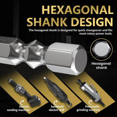 Close-up of hexagonal shank design for Versatile Ten Piece One Quarter Inch Carbide Burr Set With Quick Change Shank For Die Grinders