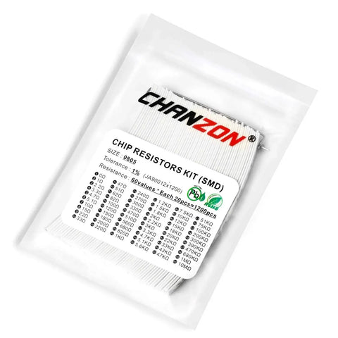 Chanzon 0805 SMD resistor kit, 1200 pcs, 0-10MΩ, 60 values, 1% tolerance, thick-film resistors in a pouch