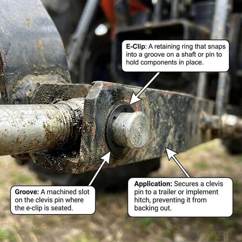 8mm Shaft E Clip Retaining Ring Set Carbon Steel Black Oxidized Finish installed on outdoor machinery connecting rod