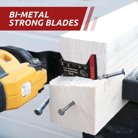 Bi Metal Oscillating Tool Blades Set For Metal Cutting, 10 Pack Curved Edge Blades One And Three Quarter Inch For Soft Metal Hard Wood Plastic, Tough As Nails Bi Metal Teeth, Compatible With Dewalt Milwaukee Bosch Ryobi By AMZWEI cutting through wood with a Dewalt tool