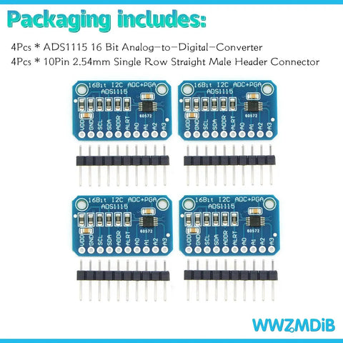 4 ADS1115 16 Bit 4 Channel I2C IIC Analog To Digital Converter boards with connectors for Arduino Raspberry Pi electronics