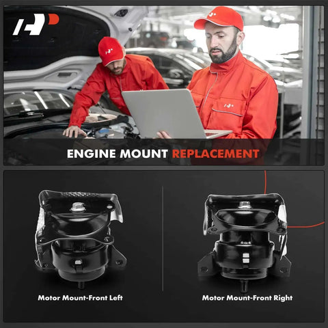 Front Left And Right Engine Mount Kit For Chevrolet Silverado 1500 Tahoe Suburban GMC Sierra 1500 Yukon XL Cadillac Escalade 2014-2020 Bolt Right Up Easy Install Replacement 84175583 displayed with two mechanics in a garage.
