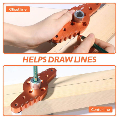 Self Centering Dowel Jig Kit With Drill Guide Scriber And Bits For Woodworking DIY includes tool drawing offset and center lines on wood