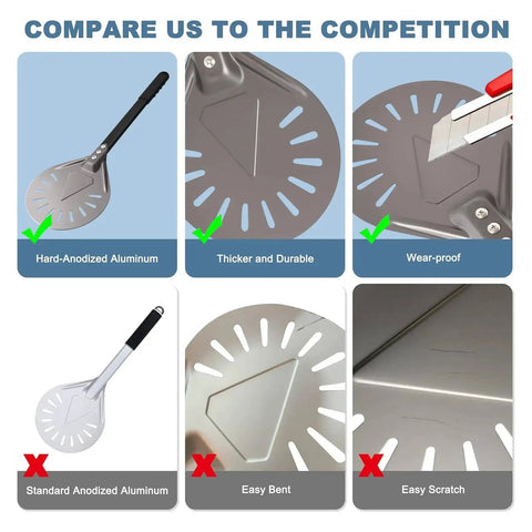 Comparison of perforated 7 inch pizza peel with metal handle and standard anodized aluminum peel, highlighting durability and material.