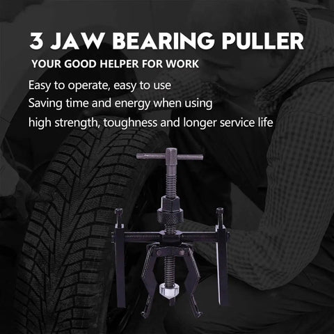 Three Jaw Inner Pilot Bearing Puller Beefy Heavy Duty Auto Bushing Carbon Steel Gear Extractor Tool shown in front of tire