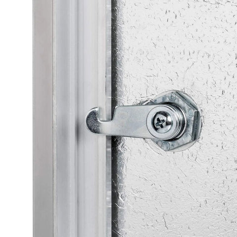 Premier 24x24 aluminum access panel door with keyed latch; close-up of latch on textured panel.