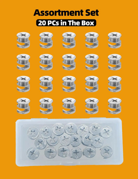 Cam Locks For Furniture 20 Pack 15 X 9.5 Mm Heavy Duty Eccentric Wheel Fasteners displayed with packaging box