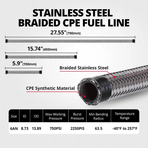 Stainless steel braided CPE fuel line, 6AN, 27.55in length; ID 8.73mm, OD 13.89mm, max 750 PSI