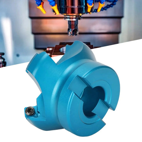 CNC Lathe Face Mill With Four Flutes Pro Grade High Efficiency Milling Cutter For Aluminum Alloy Head Featuring Special Helical Offset Design For Stable Precise Metal Machining, showing a blue milling tool.