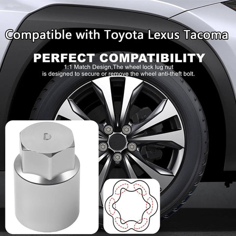 Locking Nut Remover Tool For Toyota And Lexus Wheel Locks shown with a wheel, compatible with RAV4 Camry Corolla Tacoma models