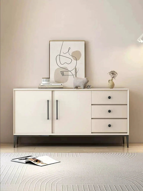Matte Black Round Kitchen Cabinet Knobs And Drawer Knobs Set, 10 Pack installed on a modern white cabinet with artwork above