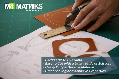 Person cutting rubber sheet with utility knife for gasket DIY project, featuring templates and rubber material.