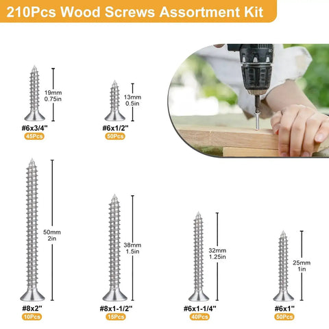 Wood Screws 210 Piece Assortment Kit 304 Stainless Steel Phillips Drive shown with six sizes for home DIY wood projects
