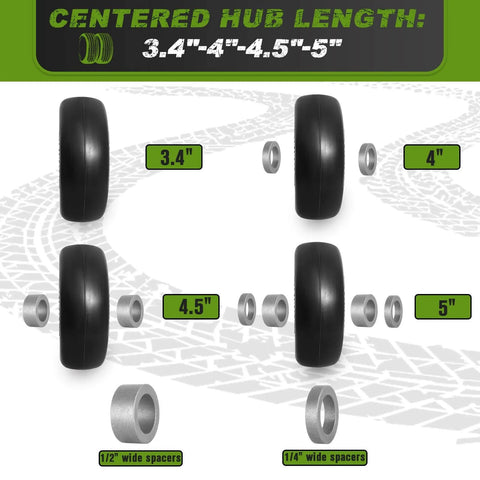 Flat Free 11x4.00-5 Lawn Mower Front Tires For Zero Turn Mowers With Solid Smooth Tread, hubs 3.4, 4, 4.5, 5 inches visible