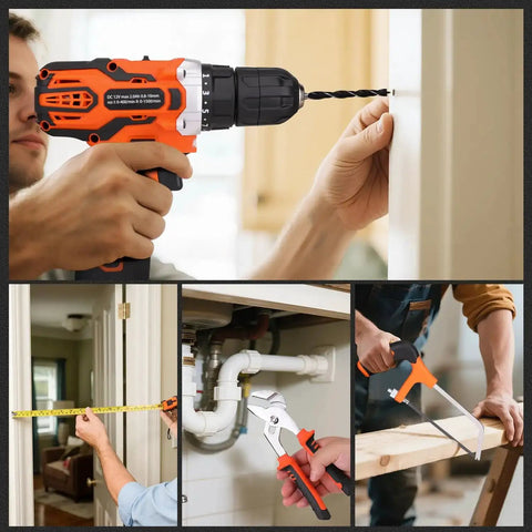 255 Piece Tool Set With 12V Cordless Drill Driver Drawer Style Toolbox Case All In One Home Repair Kit in action at home