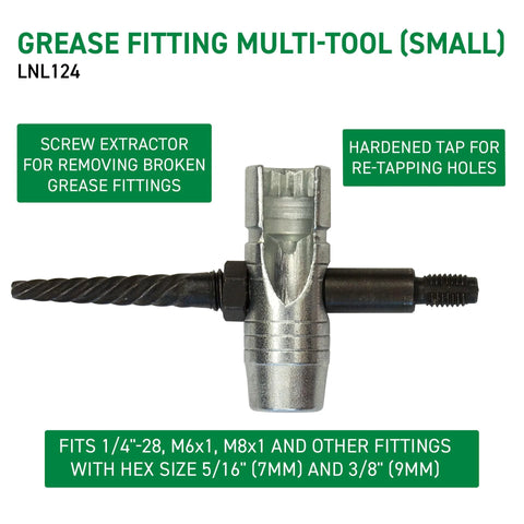 LockNLube grease fitting multi-tool (small) metal cross tool with screw extractor arm and right threaded adapter