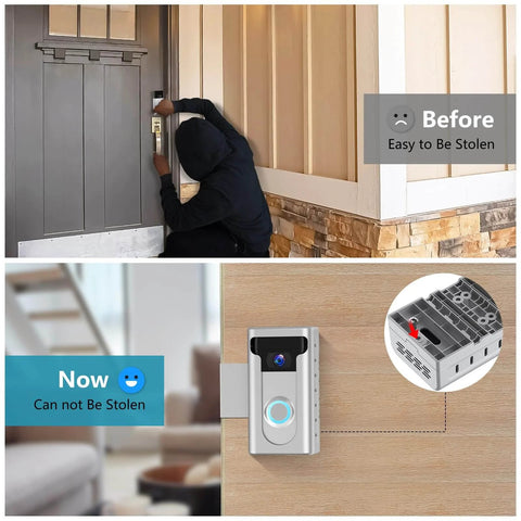 Image showing a comparison of a doorbell setup. Top: exposed video doorbell vulnerable to theft. Bottom: 2024 Updated Anti Theft Video Doorbell Mount With No Drill Adjustable Wedge Bracket For Home And Office No Brainer Install Keeps Your Doorbell Safe From Theft While Preserving Sensor And Aesthetics Silver, securely installed on a door.