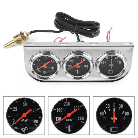 Universal Chrome 2 Inch 52mm Car Triple Gauge Kit Mechanical 3 In 1 With Oil Pressure Gauge 0 To 100 Psi Water Temperature 100 To 280 F And Amp Ammeter Gauge Illuminated Black Face For 12V Vehicles Universal Fit