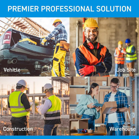 Collage of diverse professional work environments including vehicle maintenance, job site, construction, and warehouse setting.