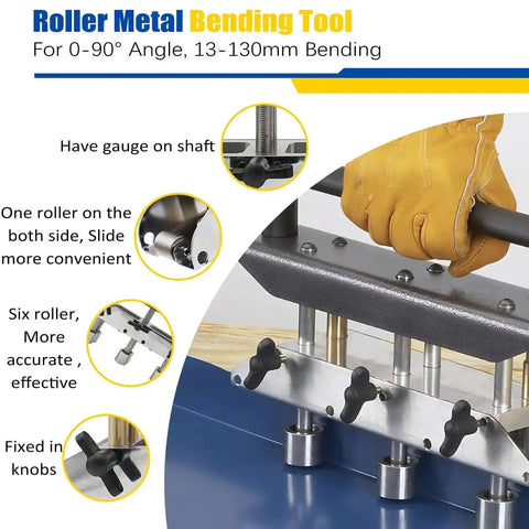 Close-up of Three Station Roller Metal Bender for Roofing, showcasing adjustable large radius, detailed knobs, and 0-90 degree bending capability.