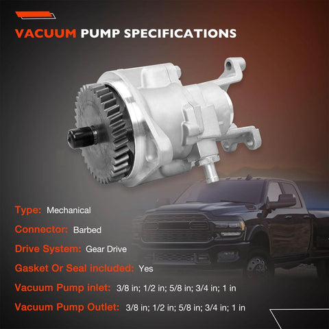 Gear-driven mechanical vacuum pump with barbed inlet/outlet, silver aluminum body for 1994–2002 Dodge Ram 5.9L Cummins diesel