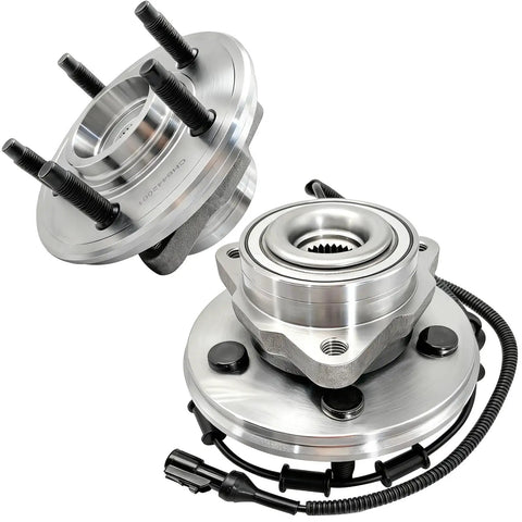 2Pcs 515050 Front Wheel Bearing Hub Assembly For Ford Explorer 2002 2005, Lincoln Aviator 2003 2005, Mercury Mountaineer 2002 2005, 5 Lug With ABS Direct Fit Replacement Drop In Ready, showing two metallic 5-lug wheel hubs with ABS sensor and cable.