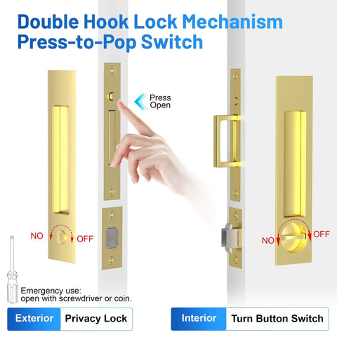 Privacy Pocket Door Lock With Edge Pull Handle No Key Sliding Doors For Bathroom And Bedroom, showing press-to-pop switch.