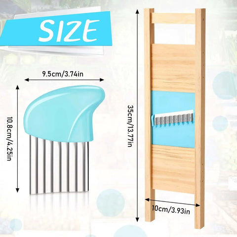 Make Waffle Fries And Crinkle Cut Potatoes With This 2 Piece Stainless Steel Cutter Set Blue For Home Kitchen Includes Potatoes Slicer And Carrot Chip Maker A Versatile Wave Style Kitchen Tool showcasing size measurements on wooden board and stainless steel cutters.