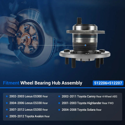 Rear Wheel Hub And Bearing Assembly Fits Toyota Camry Highlander Avalon Solara And Lexus ES300 ES330 ES350 2001 To 2012 5 Lug With ABS Driver Side Or Passenger Side Replacement For Smooth Ride And Long Lasting Durability