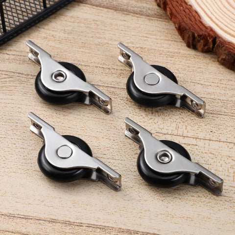 Sliding Door Wheel Pulley Replacement Set Of 4 For Cabinets And Wardrobes With Nylon Track Hardware Durable Quiet Smooth Rolling For Easy Glide In Home DIY Projects And Renovations, shown on a wooden background.