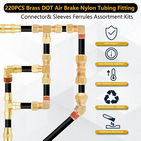 Brass DOT air line fittings kit with black nylon tubing; 220 pcs, push-to-connect, assorted sizes 1/4, 1/8, 3/8, 1/2 in NPT