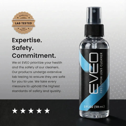 2 fl oz bottle of EVEO Precision Lens Cleaner with lab-tested quality certification badge