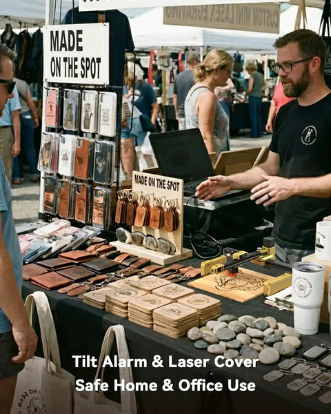 Man demonstrating Foldable 7W Laser Engraver With 0.01mm Precision at a market stall with engraved wooden items on display.