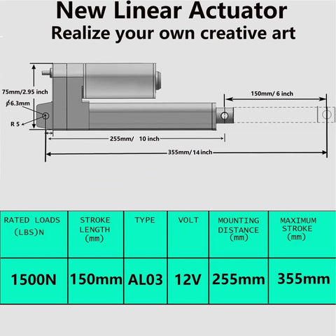 Diagram of 12V Linear Actuator 660 Lbs Heavy Duty 6 Inch Stroke IP54 Waterproof Electric Actuator With Speed 5mm Per Second And Reverse Polarity Control Switch For RV Industrial Awinli, showing dimensions.