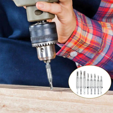 Eight Piece Center Drill Bit Set For Woodworking And Cabinet Doors, Self Centering Hinge Tapper Core Hole Puncher in use