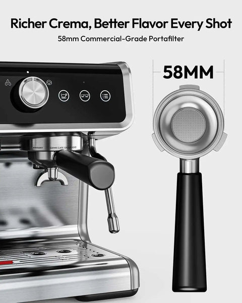 Espresso Machine With Built In Grinder And Milk Frother 20 Bar Coffee Maker For Home Baristas showing 58mm portafilter