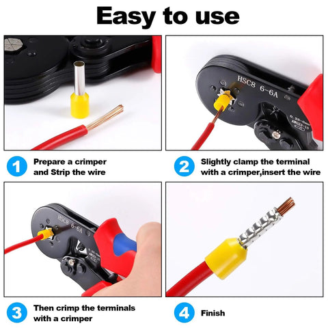 Instructions for using Insulated Copper Wire Ferrules Kit With Crimp Connectors And Cord End Terminals Crimp Pins 2100 Pieces For AWG 22 0.4mm2 Up To AWG 10 6.0mm2 Electrical Terminal Kit All In One For Auto Electronics with a crimper.