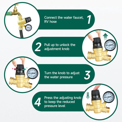 RV water pressure regulator, brass lead-free, 0-160 PSI gauge, for RV campers.