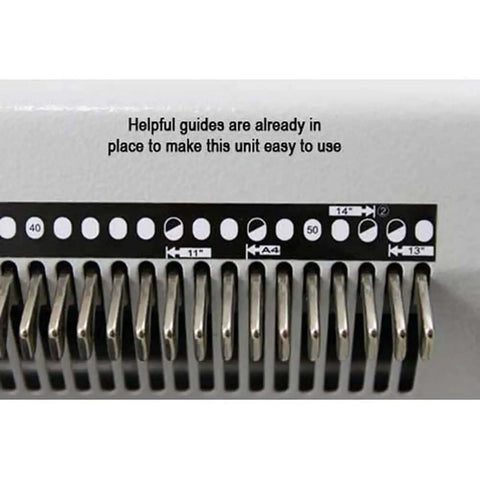 Close-up of Heavy Duty Electric Coil Punch Machine For Bindery with 54 disengageable pins and helpful guides for easy operation.