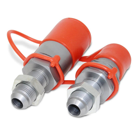 Two red Summit Hydraulics flat-face hydraulic quick-connect couplers with gray threaded adapters