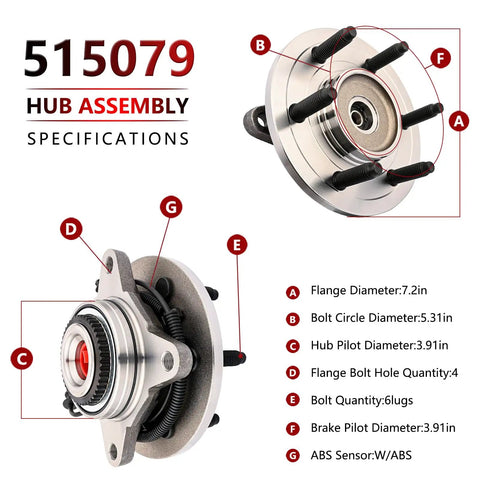 Front Wheel Hub Bearing Assembly For 4x4 Ford F-150 2005 To 2008 And Lincoln Mark LT 2006 To 2008 With 6 Lug Pattern And ABS Sensor Replacement 515079 Heavy Duty High Quality Hub Bearing Module specifications diagram