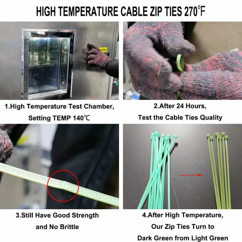 High temperature test of heavy duty 8 inch green cable zip ties 100 pack for indoor outdoor use, showing durability and color change.