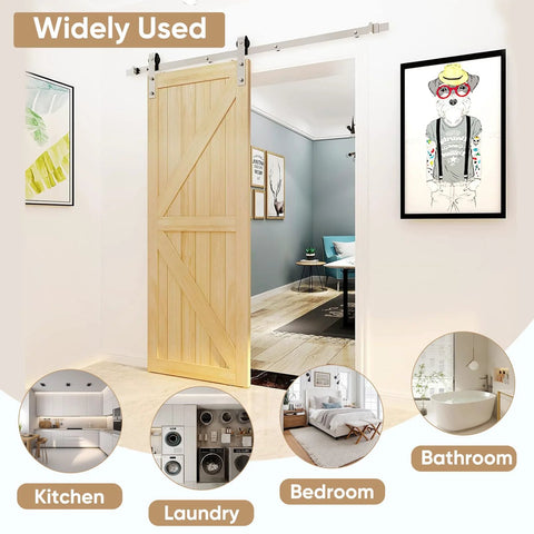 6 Ft Brushed Nickel Sliding Barn Door Hardware Kit With Smooth Quiet Hanger Rollers installed in interior doorway.