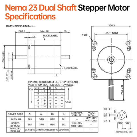 Diagram of Dual Shaft Nema 23 Stepper Motor High Torque For CNC Mill And 3D Printer showing dimensions and wiring specifics.
