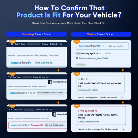 Screenshot showing how to confirm product fit for vehicle on Amazon, with steps for desktop and mobile fitment guide.