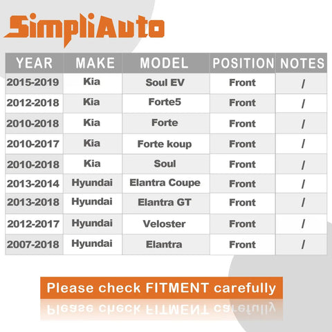 Compatibility chart for Front Wheel Hub Bearing Assembly Compatible With Hyundai Elantra 2007-2018 Veloster 2012-2017 Kia models