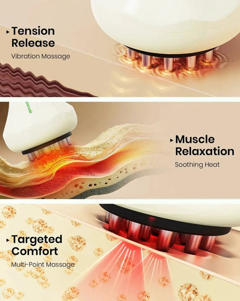 Chill Out Lymphatic Drainage Massager And Handheld Body Sculpting Machine showing vibration, heat, and red light therapy effects.