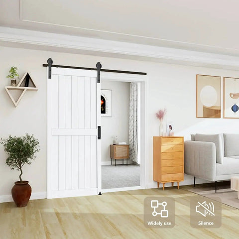 Heavy Duty 6.6Ft Barn Door Hardware Kit With Floor Guide And 2 Lockable Handles For Interior Exterior Use installed on white door