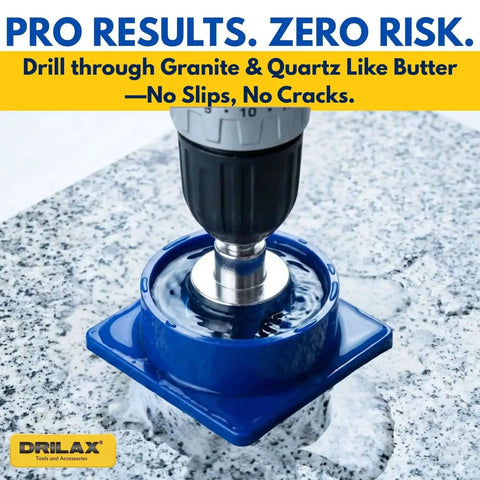 1-3/8 Inch Diamond Hole Saw Kit With Water Delivery And Guide For Granite And Quartz Countertops Ceramic Porcelain And Glass Tile Drill Bit Heavy Duty 3/8 Inch Shank Beast Mode Drilax being used on granite
